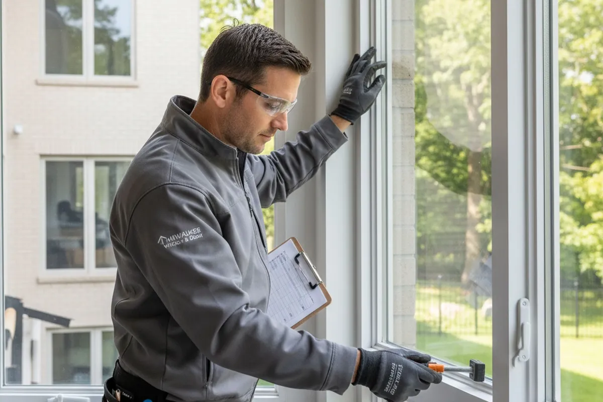 Technician inspecting new window installation for quality and seal performance in Milwaukee, WI