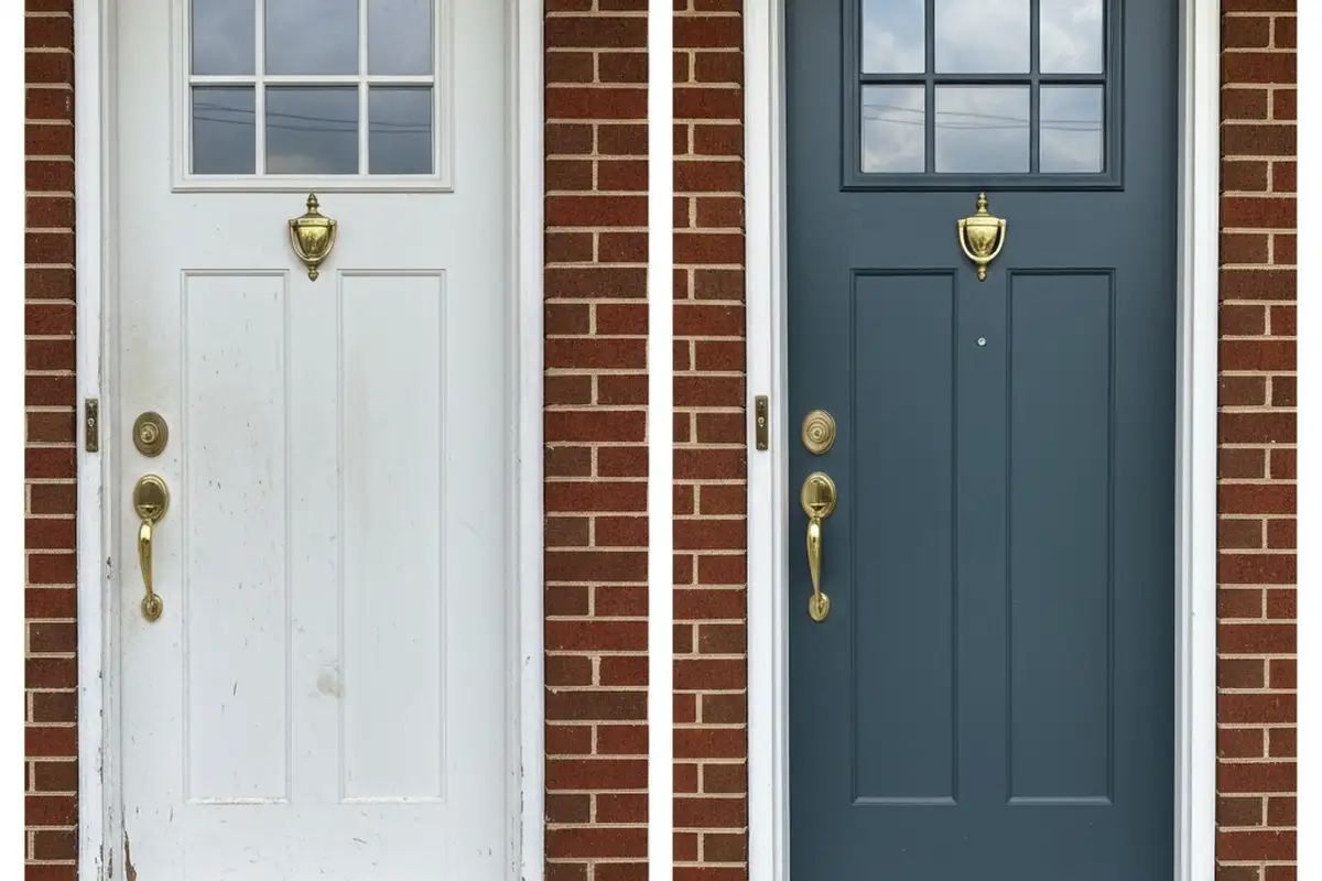 Completed exterior door repair by vinyl siding experts in Milwaukee WI showing smooth, restored finish