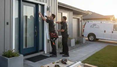 Technician repairing exterior door frame and siding in Milwaukee WI for Next Level Exteriors service