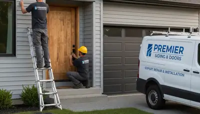 Technician repairing exterior vinyl door frame on Milwaukee WI home by Next Level Exteriors
