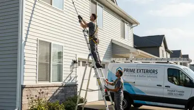 Technician cleaning residential gutters on vinyl siding home in Milwaukee, WI