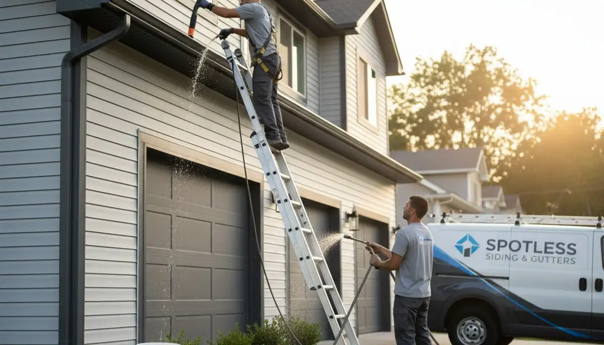 Technician cleaning residential gutters on vinyl siding home in Milwaukee, WI