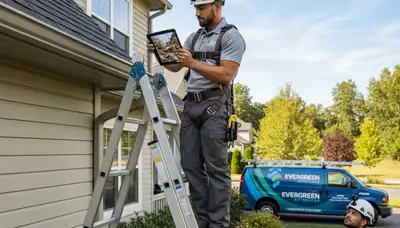 Technician performing gutter inspection on Milwaukee WI home exterior with vinyl siding