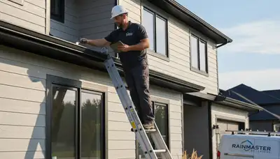 Technician performing gutter inspection on home with vinyl siding in Milwaukee, WI