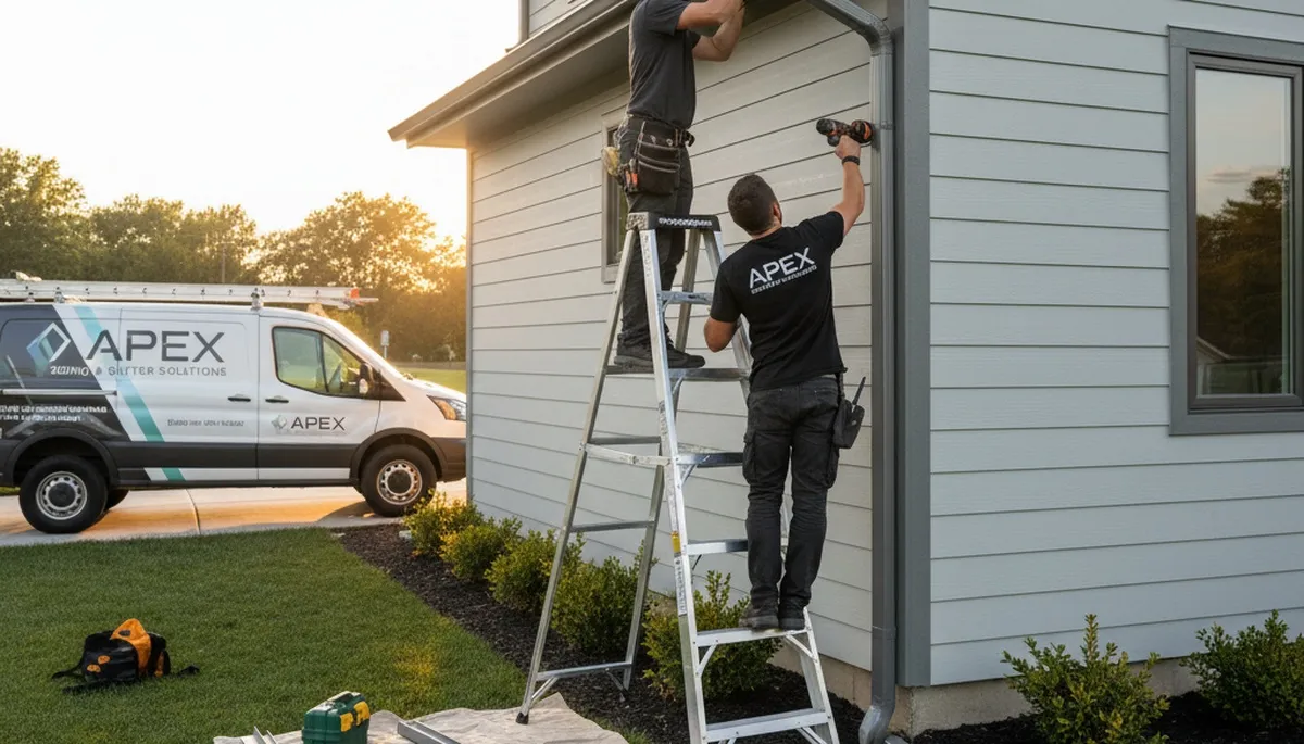 Technician performing gutter repair on vinyl siding home in Milwaukee, WI