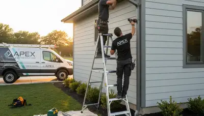 Technician performing gutter repair on vinyl siding home in Milwaukee, WI