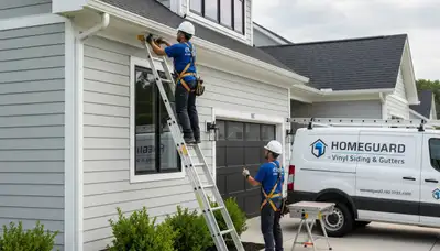 Technician repairing residential gutters and vinyl siding in Milwaukee, WI for Next Level Exteriors