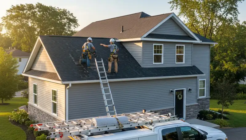 Vinyl siding and roof repair specialists working on Milwaukee WI home exterior renovation