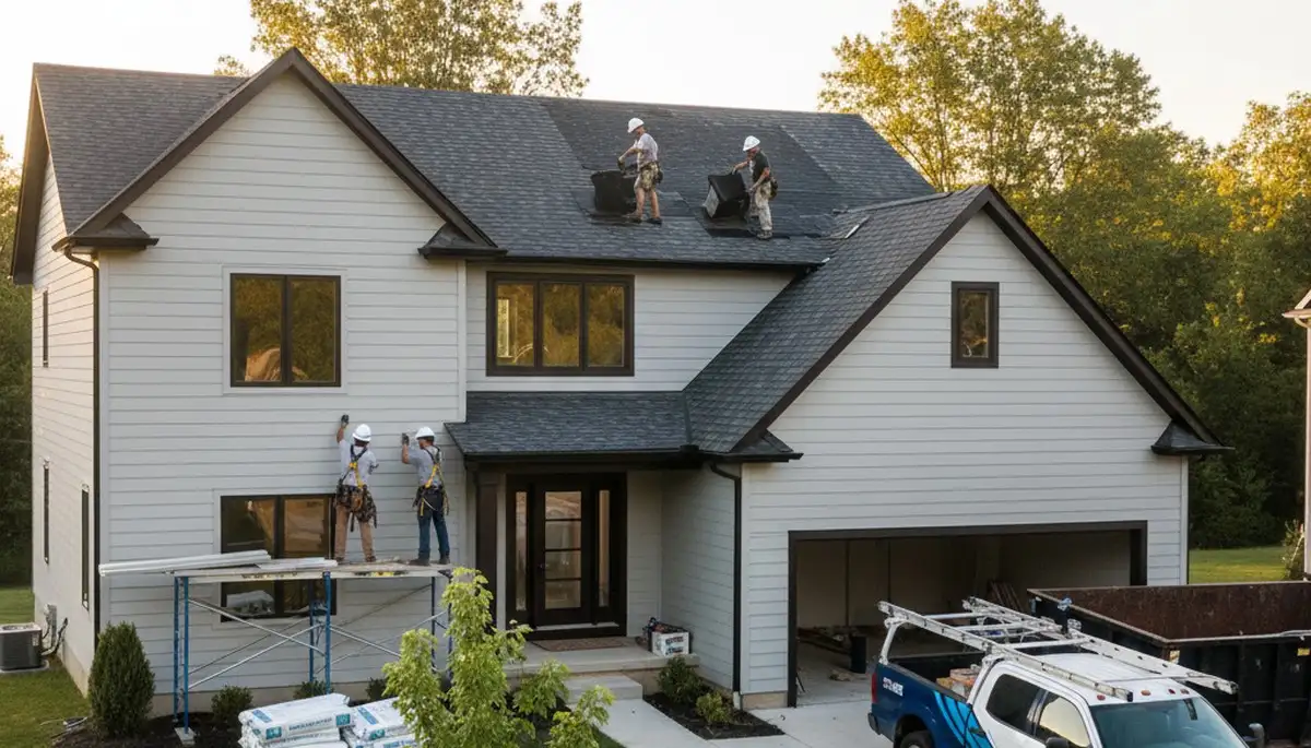 Crew installing new roofing and vinyl siding on Milwaukee WI home by Next Level Exteriors
