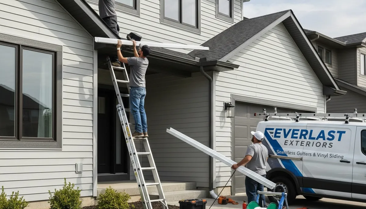 Seamless gutter installation on Milwaukee WI home by professional vinyl siding contractors