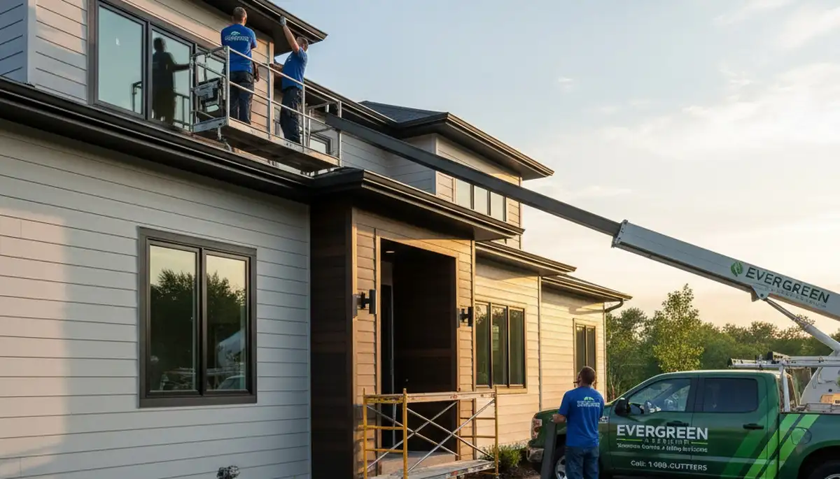 Technician installing seamless gutters on Milwaukee WI home exterior by Next Level Exteriors