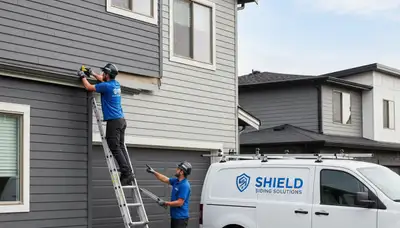 Technician repairing damaged vinyl siding on home exterior in Milwaukee, WI