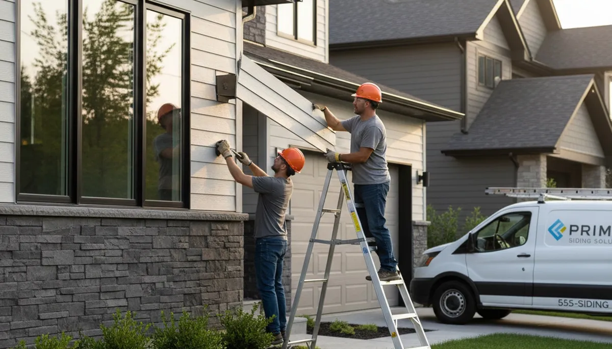 Technician performing vinyl siding repair on home exterior in Milwaukee, WI