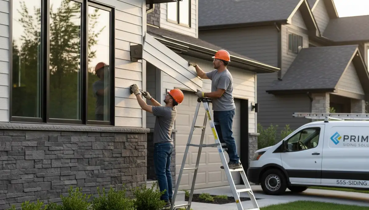 Technician performing vinyl siding repair on home exterior in Milwaukee, WI
