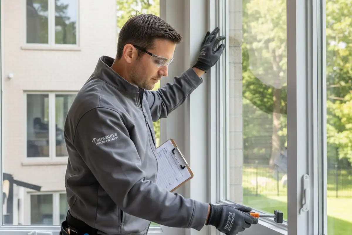 Technician inspecting new window installation for quality and seal performance in Milwaukee, WI