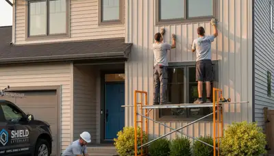 Vinyl siding and window repair experts working on Milwaukee WI home exterior