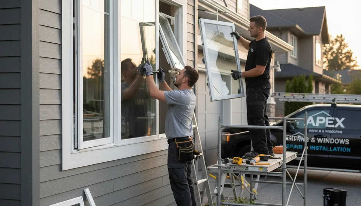 Technician repairing vinyl window frame on home exterior in Milwaukee WI by Next Level Exteriors