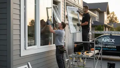Technician repairing vinyl window frame on home exterior in Milwaukee WI by Next Level Exteriors