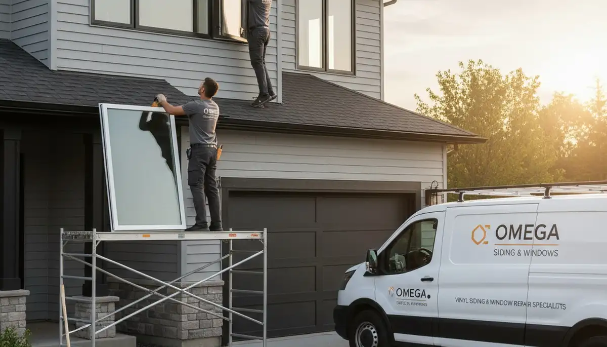 Technician repairing house window next to vinyl siding in Milwaukee, WI